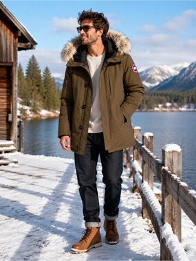💙 Canada Goose Olive Green Down Parka with Fur-Trim Hood